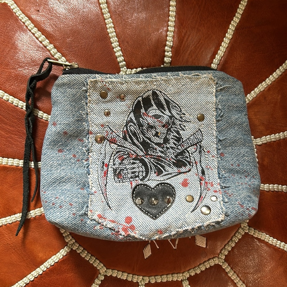 Urban Outfitters Denim Blue Graphic Heart Wristlet